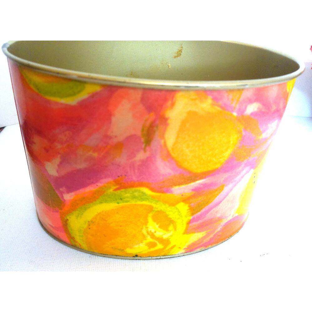 Vtg 70s Psychedelic Flower Power Tin Planter Mod Groovy Orange Pink Canister
